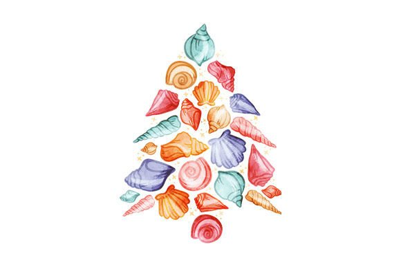 Christmas Tree Seashells Watercolor for Holiday Branding